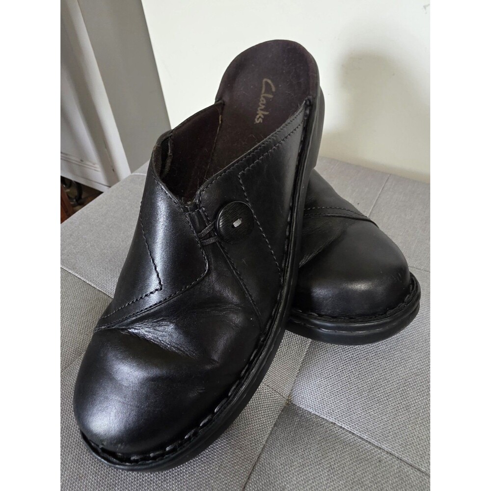 HtF AllYear Clark’s Black Leather Mules Slip On Clogs Wedge Heel Comfort Size 9M